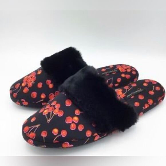 Victoria Secret Cherry Print Satin Faux Fur Slippers NWT Size Large - Picture 1 of 6